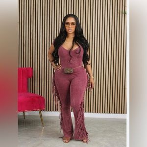 Tassel jumpsuit in rustic burgundy